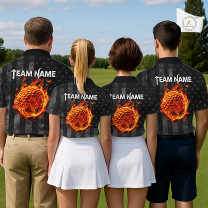 Red Flaming Torn US Flag Mens Golf Polo Shirt Custom Name Golf Top Shirt For Team, Golf Gift NYN4154