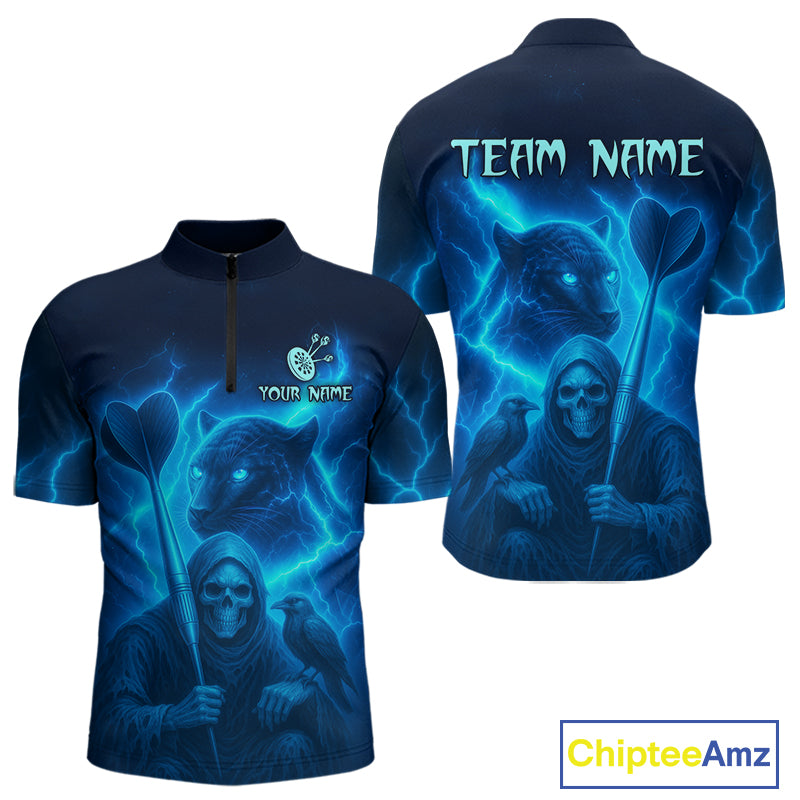 Custom Panther Lightning Blue Grim Reaper Dart 1/4-Zip Shirt For Men Outfit Dart Team Jersey NYN1477