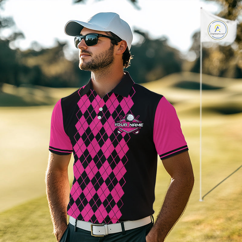 Argyle Golf Polo Shirt For Men Personalized Pink Argyle Golf Shirt Short Sleeve Golf Apparel NYN4563