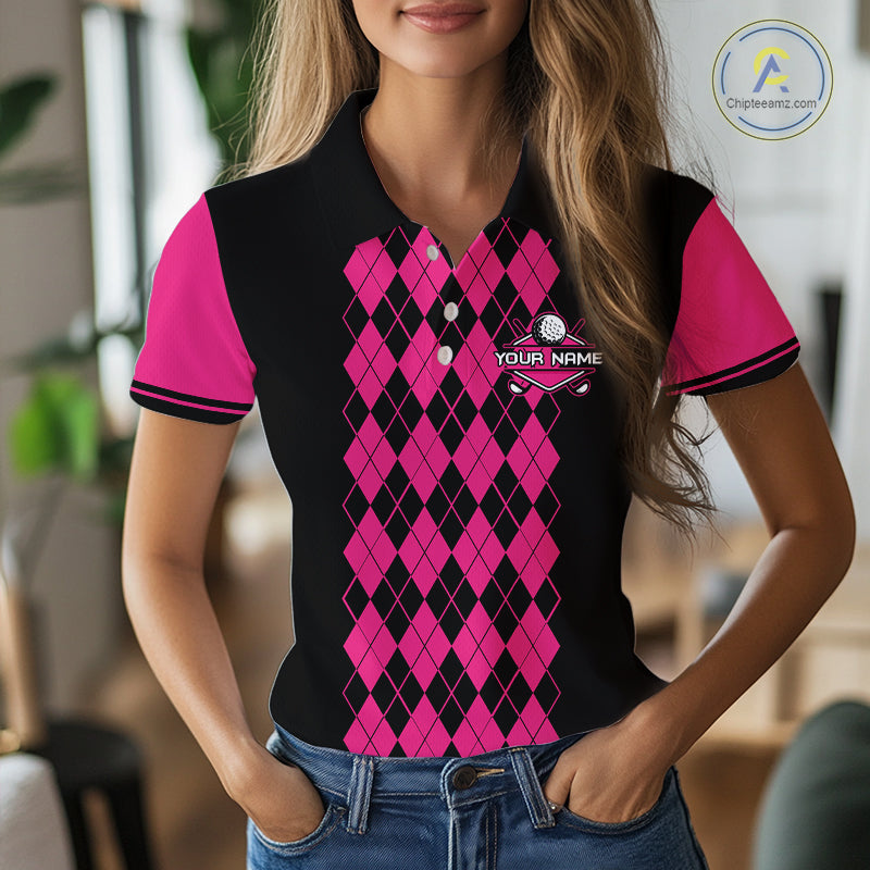Argyle Golf Polo Shirt For Women Personalized Pink Argyle Golf Shirt Short Sleeve Golf Apparel NYN4563