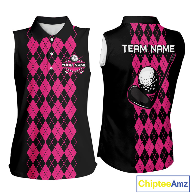 Argyle Golf Sleeveless Polo Shirt For Women Personalized Pink Argyle Golf Shirt Short Sleeve Golf Apparel NYN4563
