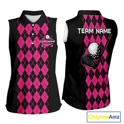 Argyle Golf Sleeveless Polo Shirt For Women Personalized Pink Argyle Golf Shirt Short Sleeve Golf Apparel NYN4563