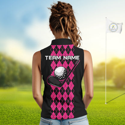 Argyle Golf Sleeveless Polo Shirt For Women Personalized Pink Argyle Golf Shirt Short Sleeve Golf Apparel NYN4563