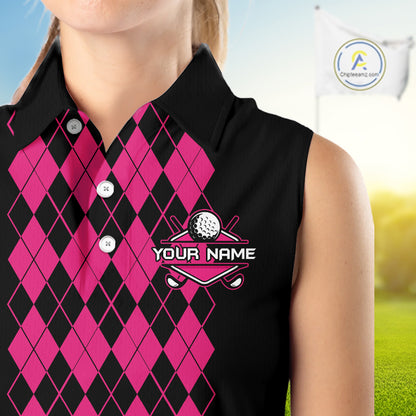 Argyle Golf Sleeveless Polo Shirt For Women Personalized Pink Argyle Golf Shirt Short Sleeve Golf Apparel NYN4563
