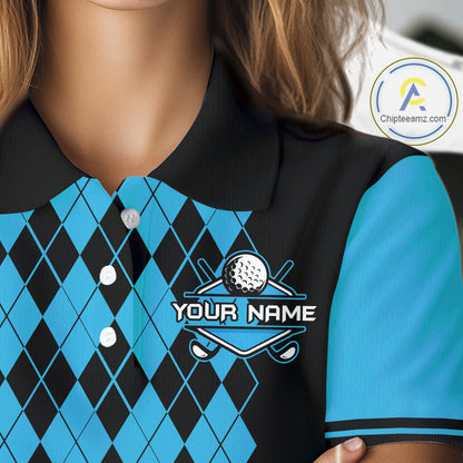 Argyle Golf Polo Shirt For Women Personalized Blue Argyle Golf Shirt Short Sleeve Golf Apparel NYN4564