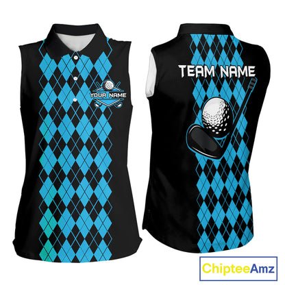 Argyle Golf Sleeveless Polo Shirt For Women Personalized Blue Argyle Golf Shirt Short Sleeve Golf Apparel NYN4564