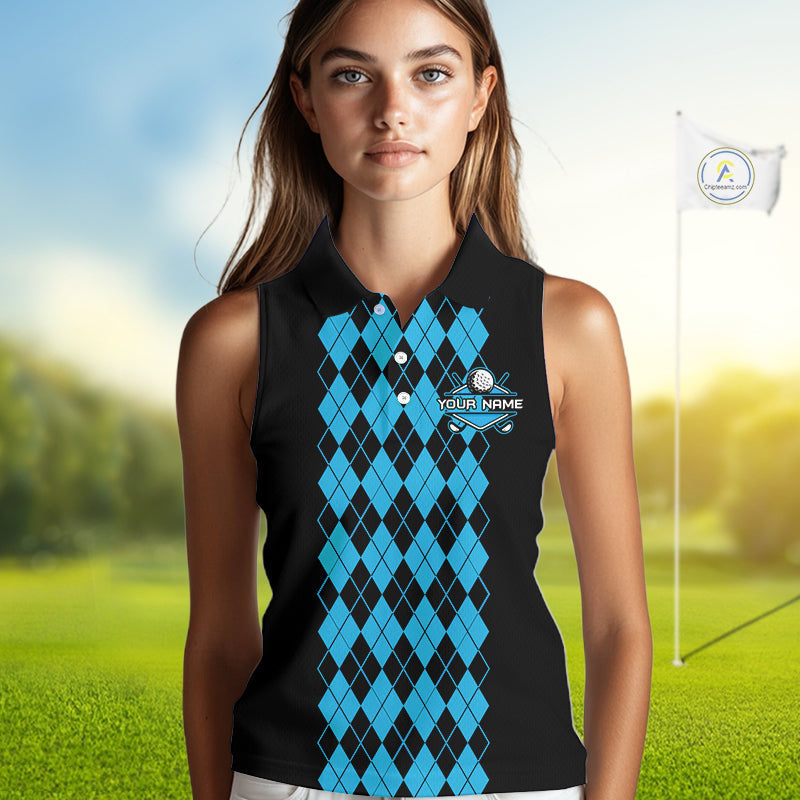 Argyle Golf Sleeveless Polo Shirt For Women Personalized Blue Argyle Golf Shirt Short Sleeve Golf Apparel NYN4564