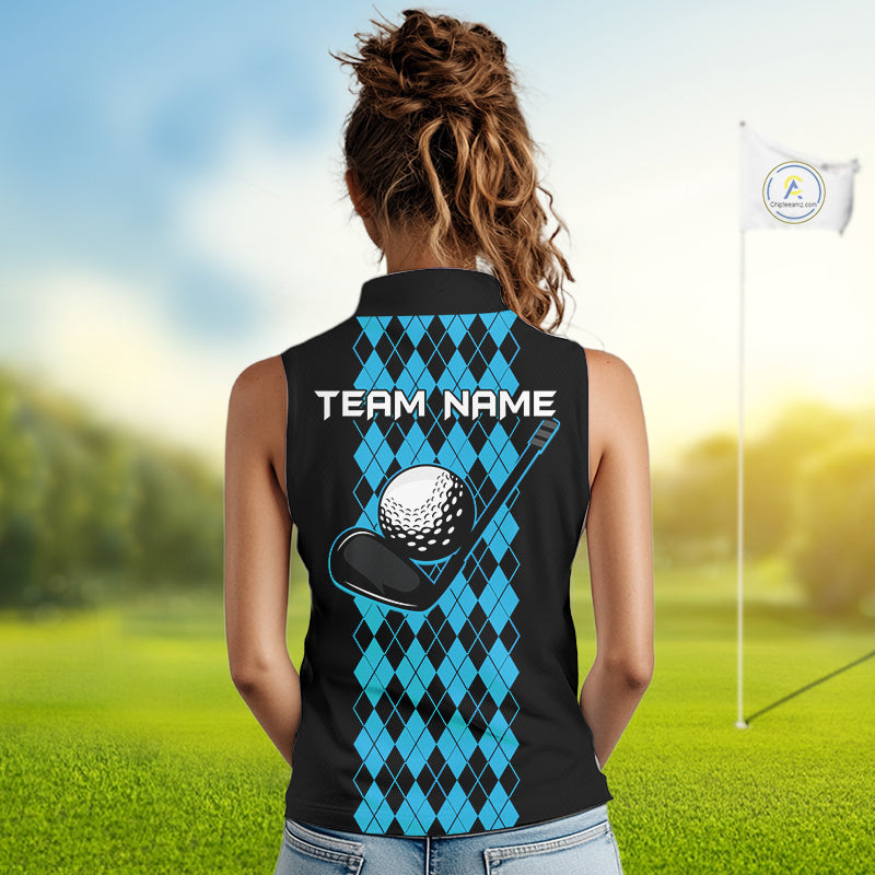 Argyle Golf Sleeveless Polo Shirt For Women Personalized Blue Argyle Golf Shirt Short Sleeve Golf Apparel NYN4564