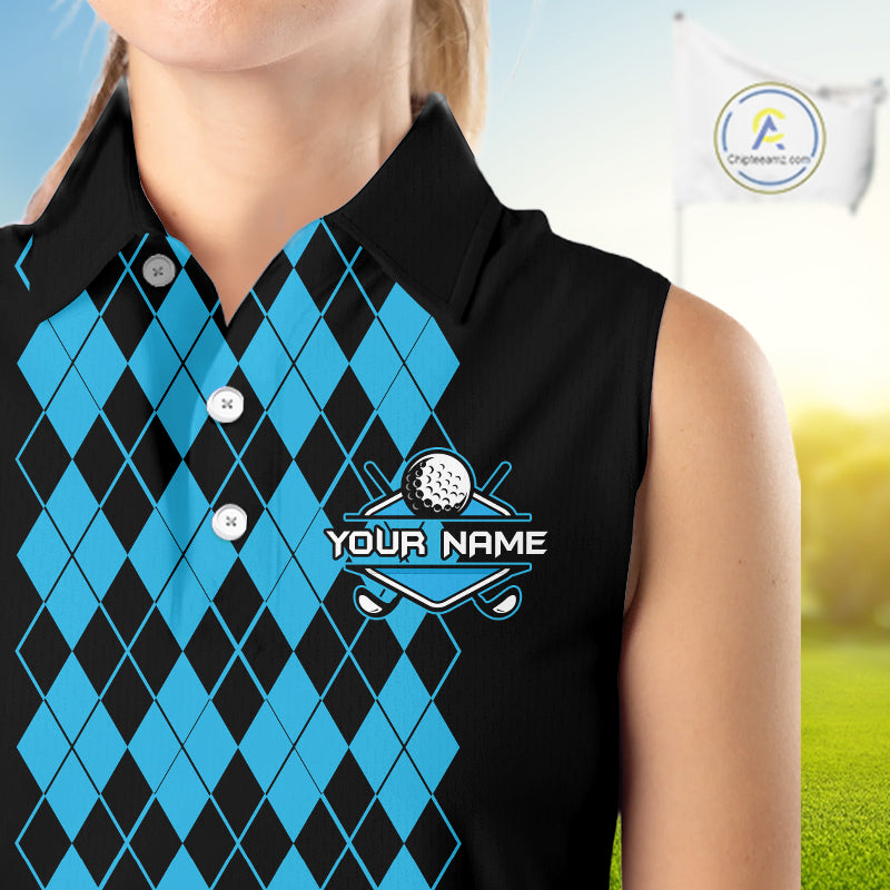 Argyle Golf Sleeveless Polo Shirt For Women Personalized Blue Argyle Golf Shirt Short Sleeve Golf Apparel NYN4564