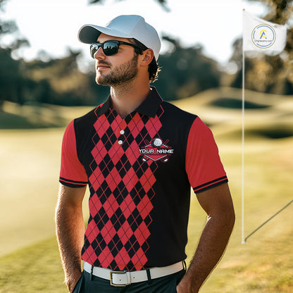 Argyle Golf Polo Shirt For Men Personalized Red Argyle Golf Shirt Short Sleeve Golf Apparel NYN4565