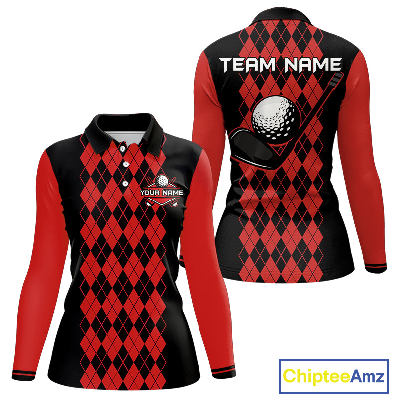 Argyle Golf Polo Shirt For Women Personalized Red Argyle Golf Shirt Short Sleeve Golf Apparel NYN4565