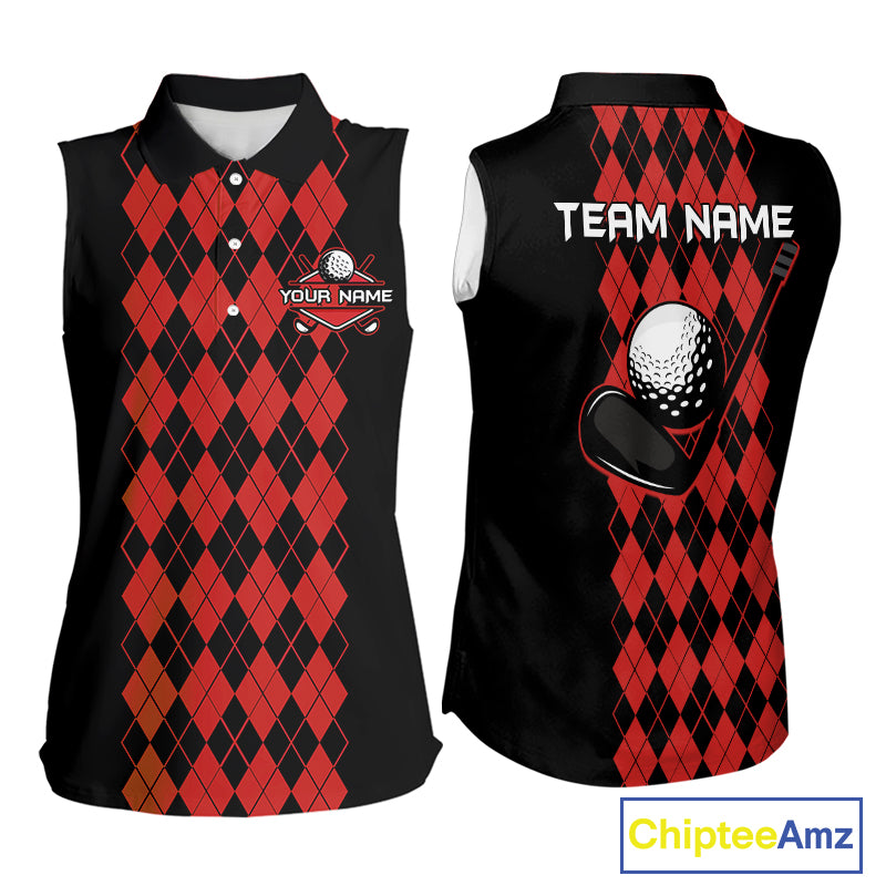 Argyle Golf Sleeveless Polo Shirt For Women Personalized Red Argyle Golf Shirt Short Sleeve Golf Apparel NYN4565