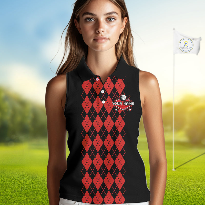 Argyle Golf Sleeveless Polo Shirt For Women Personalized Red Argyle Golf Shirt Short Sleeve Golf Apparel NYN4565
