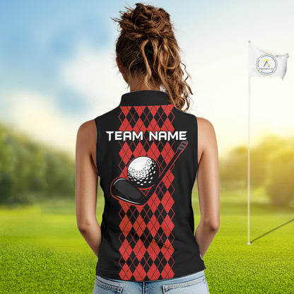 Argyle Golf Sleeveless Polo Shirt For Women Personalized Red Argyle Golf Shirt Short Sleeve Golf Apparel NYN4565