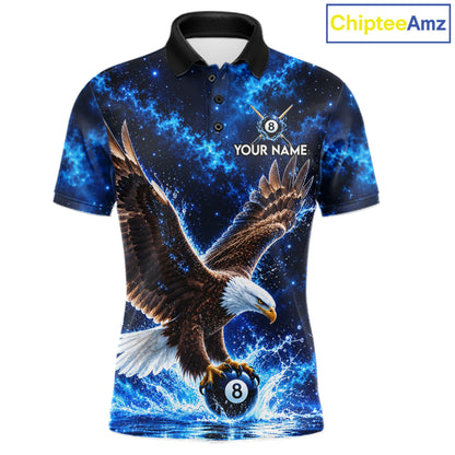 Custom Watering Eagle 8-Ball Billiard Polo Shirt For Men Personalized Blue 8-Ball Pool Jersey NYN4576