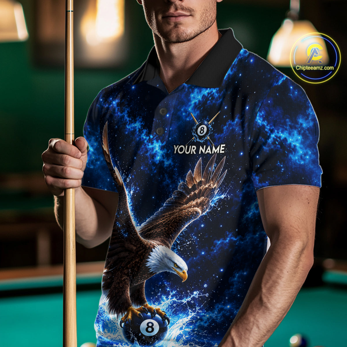 Custom Watering Eagle 8-Ball Billiard Polo Shirt For Men Personalized Blue 8-Ball Pool Jersey NYN4576