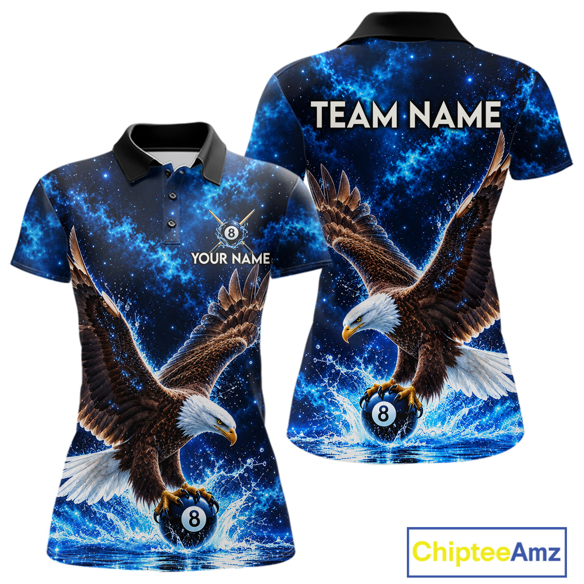 Custom Watering Eagle 8-Ball Billiard Polo Shirt For Women Personalized Blue 8-Ball Pool Jersey NYN4576