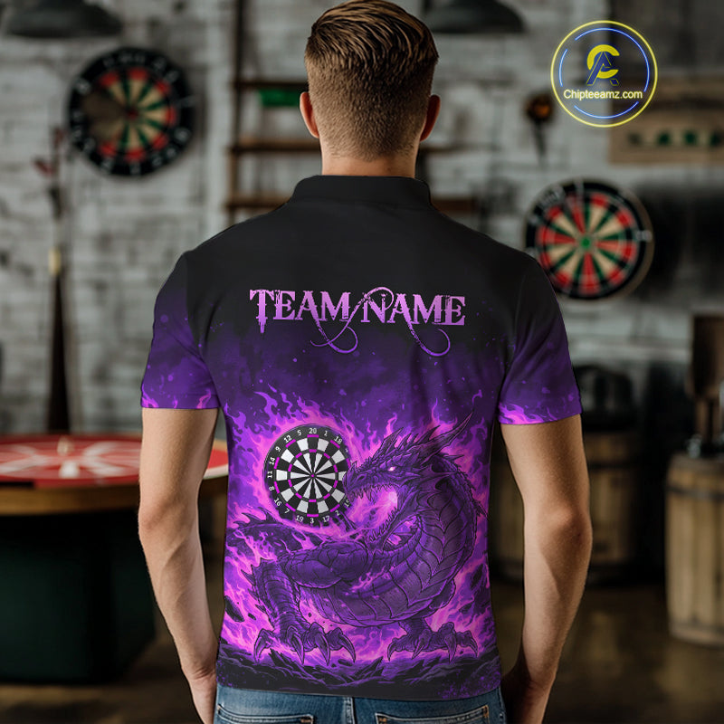 Purple Flaming Dragon Dartboard Men Polo Darts Shirt Custom Name & Team Dart Jersey NYN2010