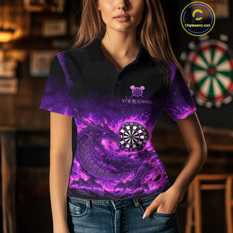 Purple Flaming Dragon Dartboard Women Polo Darts Shirt Custom Name & Team Dart Jersey NYN2010