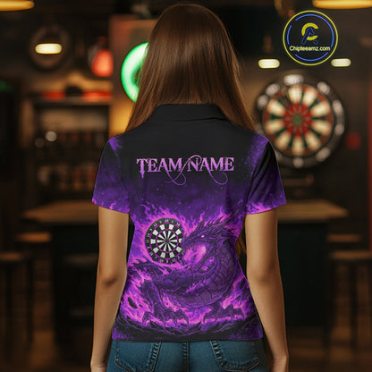 Purple Flaming Dragon Dartboard Women Polo Darts Shirt Custom Name & Team Dart Jersey NYN2010