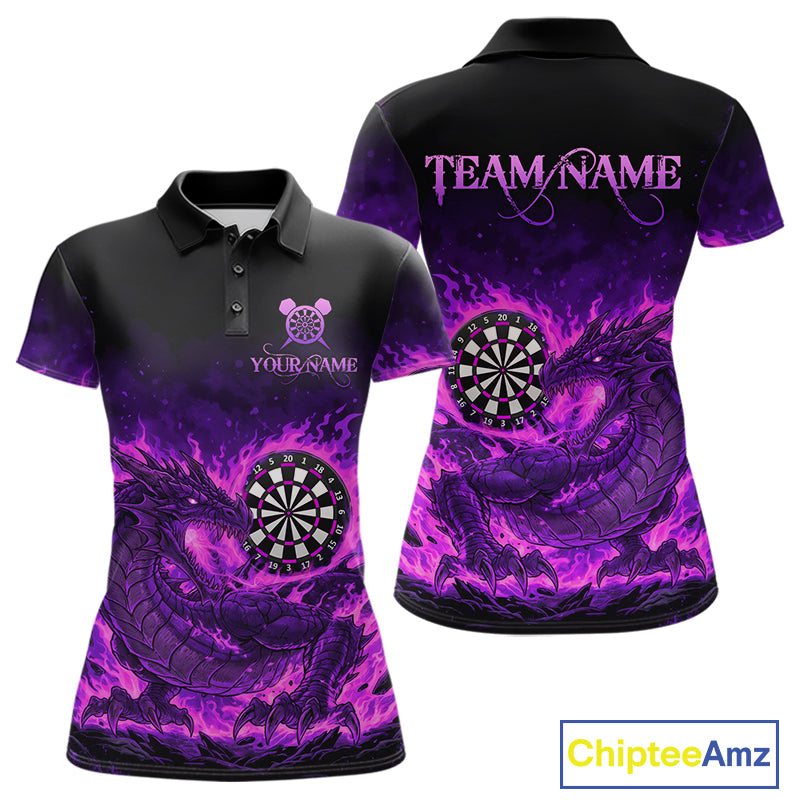 Purple Flaming Dragon Dartboard Women Polo Darts Shirt Custom Name & Team Dart Jersey NYN2010