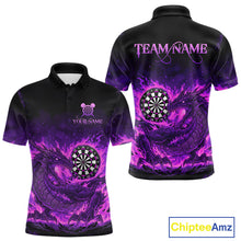 Load image into Gallery viewer, Purple Flaming Dragon Dartboard Men Polo Darts Shirt Custom Name &amp; Team Dart Jersey NYN2010