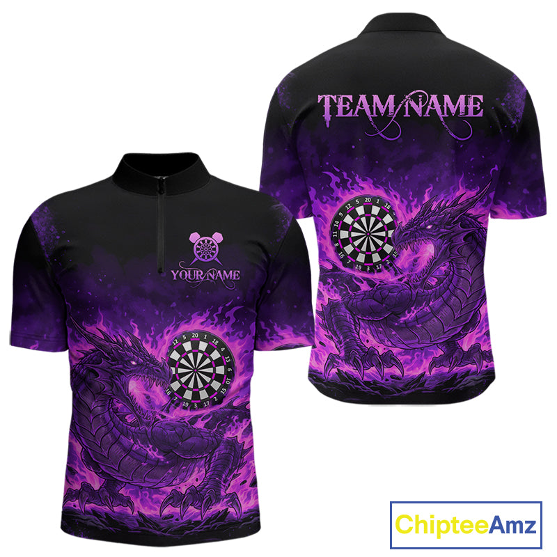 Purple Flaming Dragon Dartboard Men Quarter-Zip Darts Shirt Custom Name & Team Dart Jersey NYN2010
