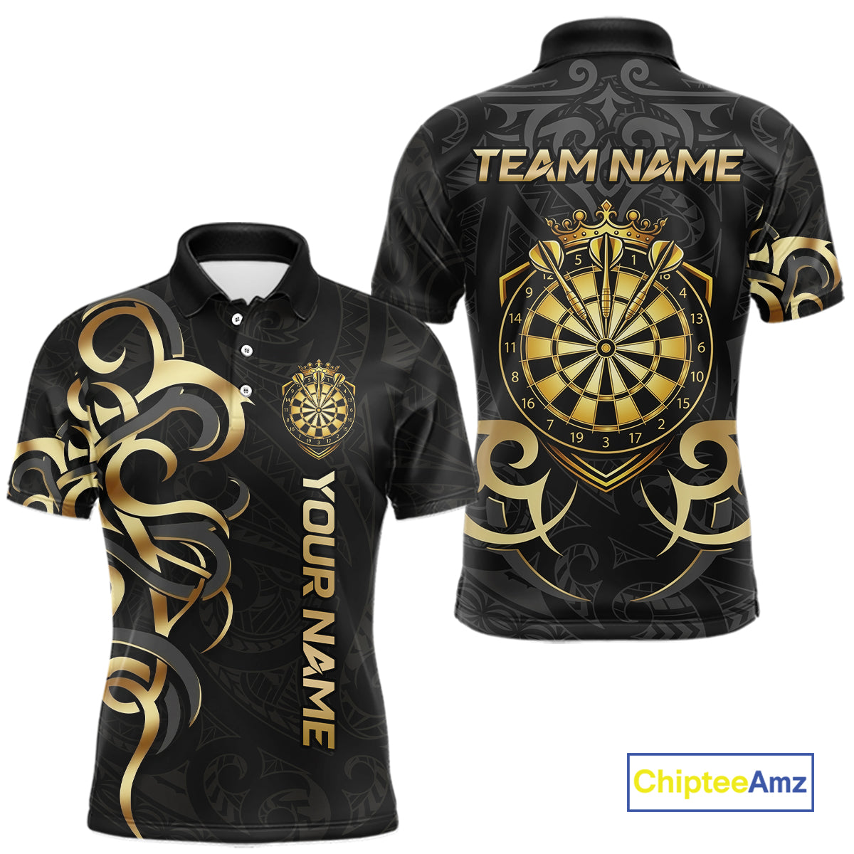Custom Black And Gold Crown Dartboard Darts Men Polo 14-Zip Shirt, Polynesian Tribal Darts Attire NYN3119