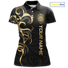 Load image into Gallery viewer, Custom Black And Gold Crown Dartboard Darts Women Polo 14-Zip Shirt, Polynesian Tribal Darts Attire NYN3119