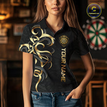 Load image into Gallery viewer, Custom Black And Gold Crown Dartboard Darts Women Polo 14-Zip Shirt, Polynesian Tribal Darts Attire NYN3119