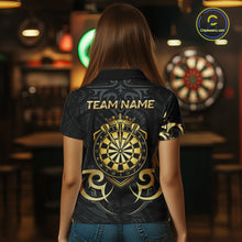 Load image into Gallery viewer, Custom Black And Gold Crown Dartboard Darts Women Polo 14-Zip Shirt, Polynesian Tribal Darts Attire NYN3119