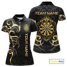 Load image into Gallery viewer, Custom Black And Gold Crown Dartboard Darts Women Polo 14-Zip Shirt, Polynesian Tribal Darts Attire NYN3119