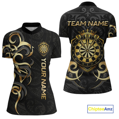 Custom Black And Gold Crown Dartboard Darts Women Polo 14-Zip Shirt, Polynesian Tribal Darts Attire NYN3119