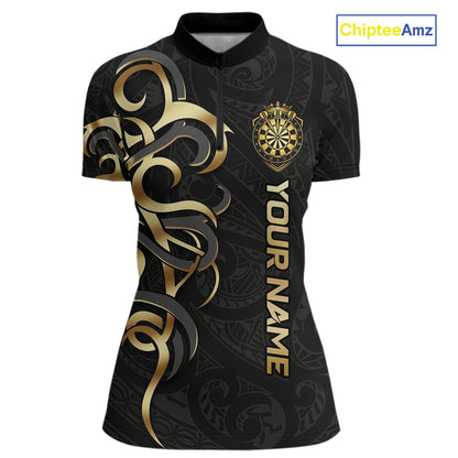 Custom Black And Gold Crown Dartboard Darts Women Polo 14-Zip Shirt, Polynesian Tribal Darts Attire NYN3119