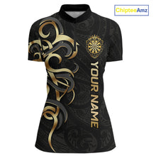 Load image into Gallery viewer, Custom Black And Gold Crown Dartboard Darts Women Polo 14-Zip Shirt, Polynesian Tribal Darts Attire NYN3119