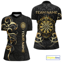 Load image into Gallery viewer, Custom Black And Gold Crown Dartboard Darts Women Polo 14-Zip Shirt, Polynesian Tribal Darts Attire NYN3119