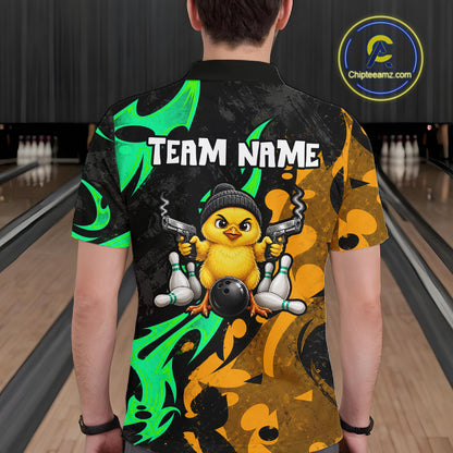 Funny Cute Duck Gun Men Bowling Shirt Custom Yellow & Green Grunge Bowling Team Attire NYN3280