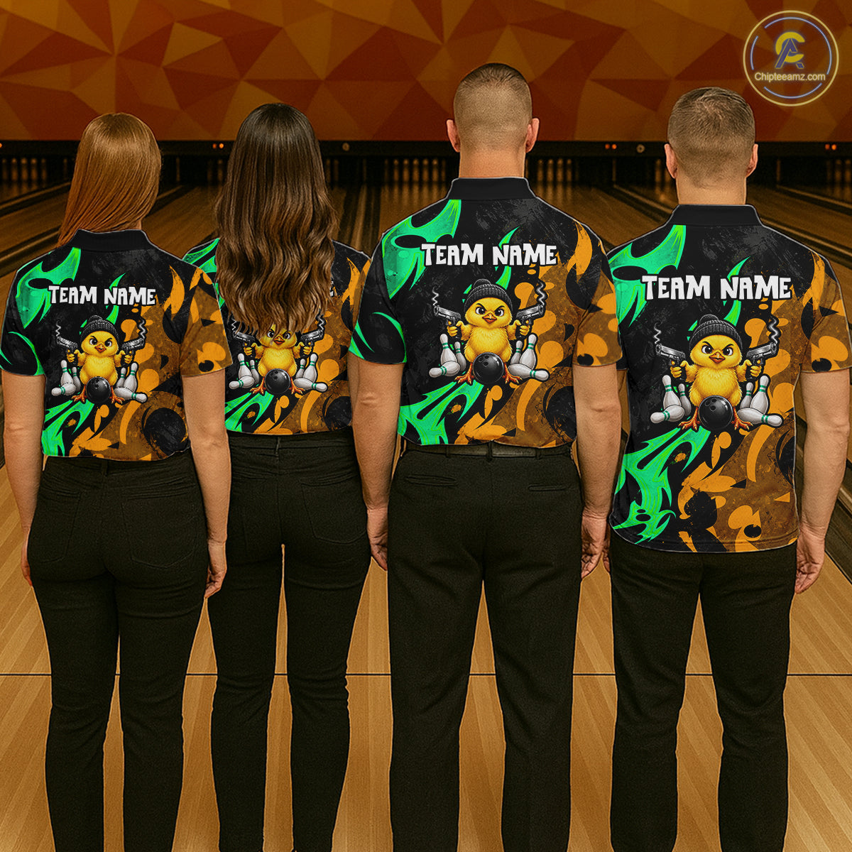 Funny Cute Duck Gun Men Bowling Shirt Custom Yellow & Green Grunge Bowling Team Attire NYN3280
