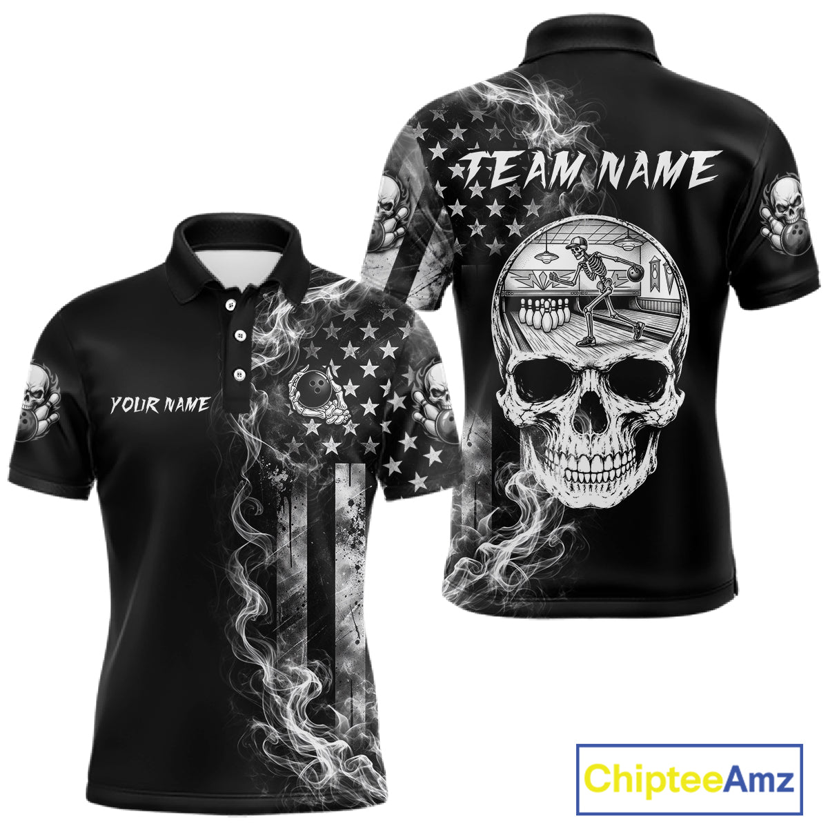 Smoke American Flag Men Bowling Polo Shirt Custom Skeleton Youth Bowling Outfits