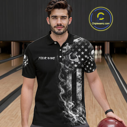 Smoke American Flag Mens Bowling Polo 1/4-Zip Shirt Custom Skeleton Youth Bowling Outfits | White NYN3286