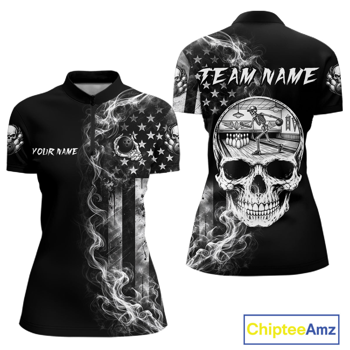 Smoke American Flag Women Bowling 1/4-Zip Shirt Custom Skeleton Youth Bowling Outfits
