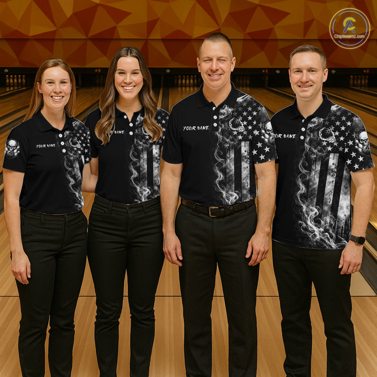 Smoke American Flag Mens Bowling Polo 1/4-Zip Shirt Custom Skeleton Youth Bowling Outfits | White NYN3286