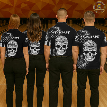 Smoke American Flag Mens Bowling Polo 1/4-Zip Shirt Custom Skeleton Youth Bowling Outfits | White NYN3286