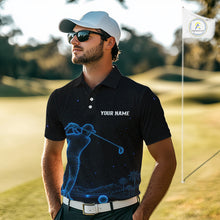 Load image into Gallery viewer, Male golfer wearing personalized black galaxy blue golf polo shirt, custom golf clothing, couples golf outfit
