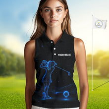 Load image into Gallery viewer, Female golfer wearing personalized black galaxy blue golf polo shirt, custom golf clothing, couples golf outfit