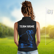 Load image into Gallery viewer, Female golfer wearing personalized black galaxy blue golf polo shirt, custom golf clothing, couples golf outfit
