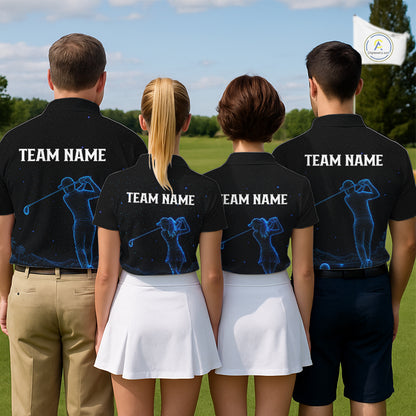 Men women golf team wearing matching galaxy blue golf polo shirts, personalized golf team uniforms, custom golf apparel