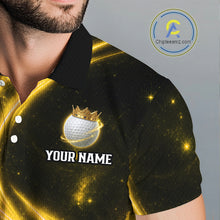 Load image into Gallery viewer, Male golfer wearing galaxy yellow crown golf ball polo shirt, men's golf apparel, tournament golf outfit