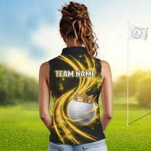 Load image into Gallery viewer, Female golfer wearing galaxy yellow crown golf ball polo shirt, women's golf apparel, tournament golf outfit