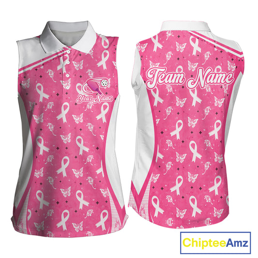 Pink Ribbon Butterfly Women's Pickleball Sleeveless Polo, Breast Cancer Awareness Pickleball Polo, Personalized Charity Tournament Apparel, Hope, Courage & Strength